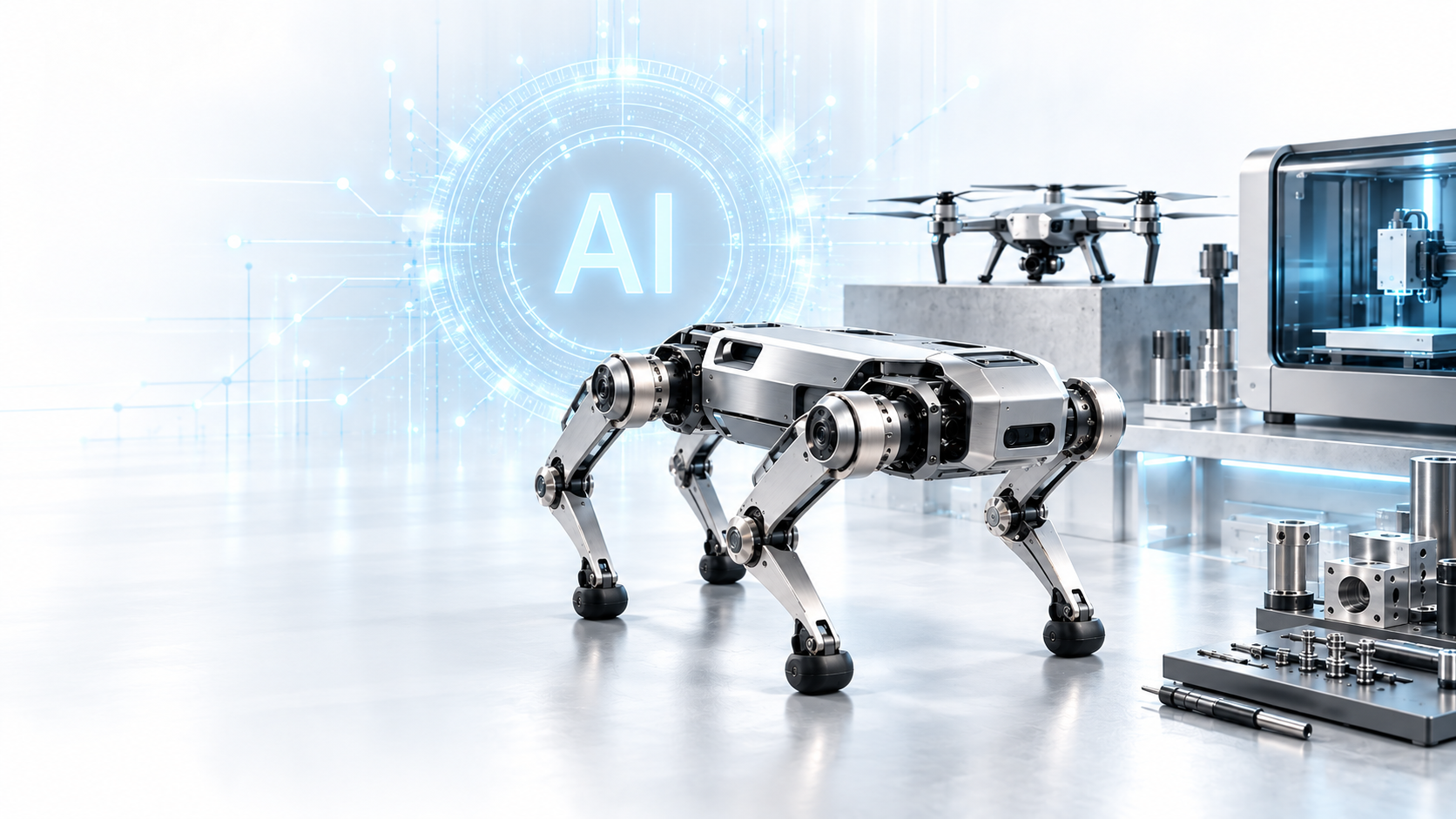ロボット・ドローン・加工機とAIを描いた研究コンセプト画像